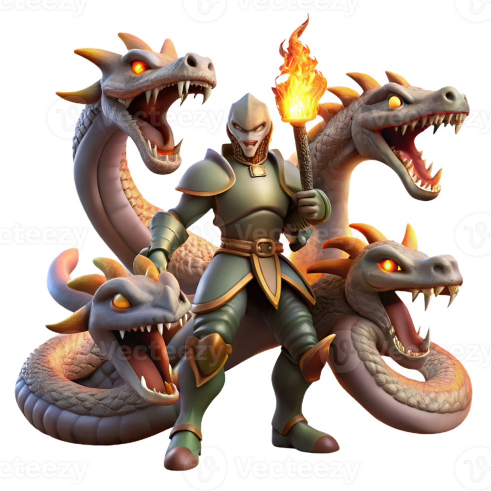 impressive creative A courageous knight battling a monstrous three-headed hydra, illuminated by firelight, in a dynamic and realistic style genuine png