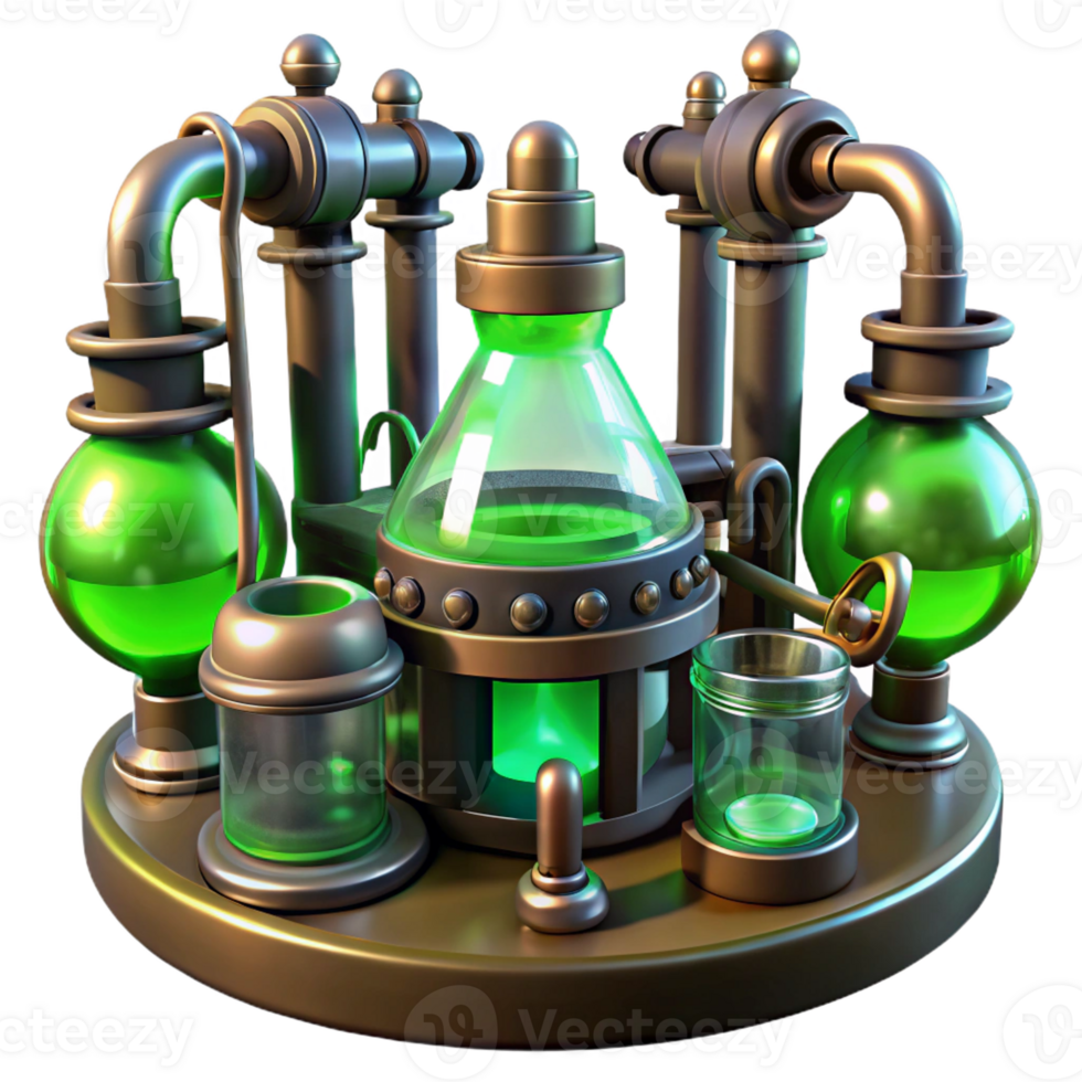 serene traditional A mysterious steampunk laboratory filled with bubbling beakers, glowing tubes, and strange contraptions, lit by an eerie green light in a gothic style authentic png