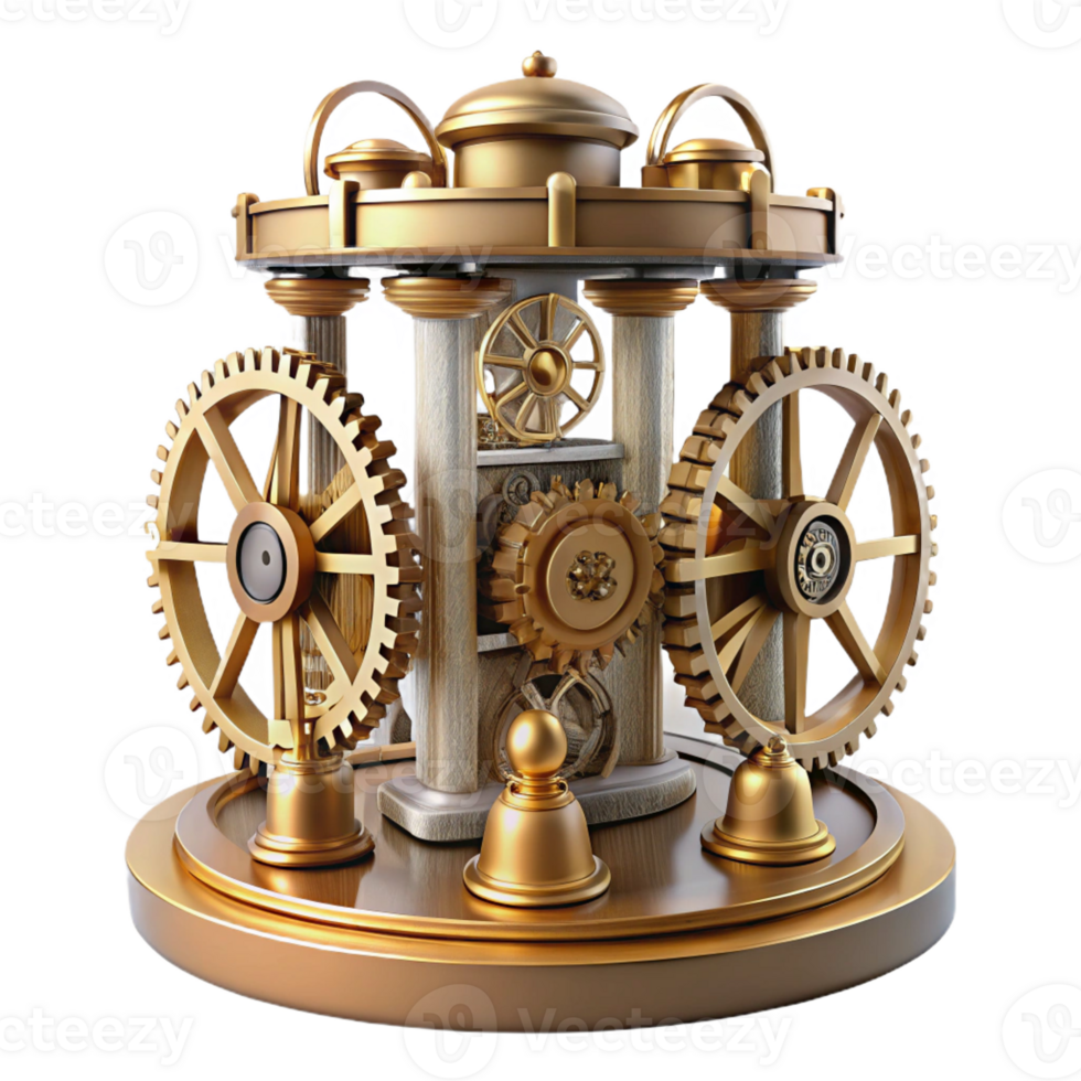 serene rustic An intricate clockwork tower with gears and moving parts, steampunk art style premium png