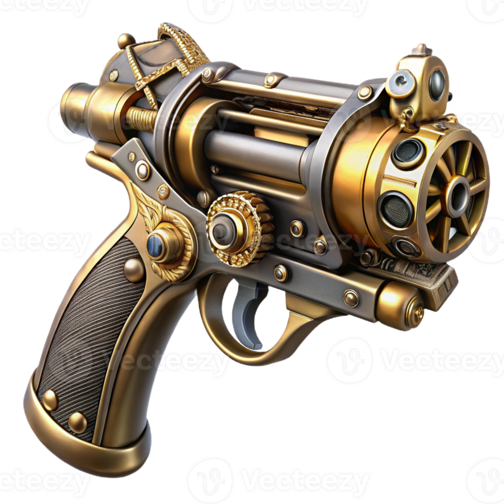 stunning vintage A steampunk pistol, intricately engraved, with exposed gears and pipes, gleaming metallic finish, dramatic spotlighting, realistic style original png