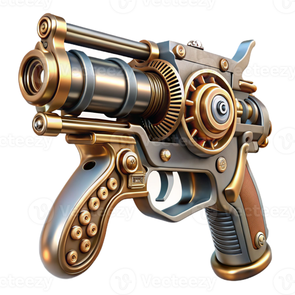impressive traditional A steampunk pistol, intricately engraved, with exposed gears and pipes, gleaming metallic finish, dramatic spotlighting, realistic style high quality png