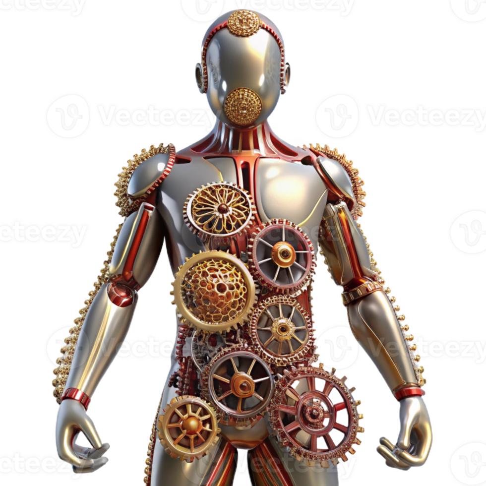 beautiful traditional A human figure composed entirely of interconnected gears and wires, standing in a desolate, industrial landscape, lit by a flickering, neon sign. Steampunk style 4K png