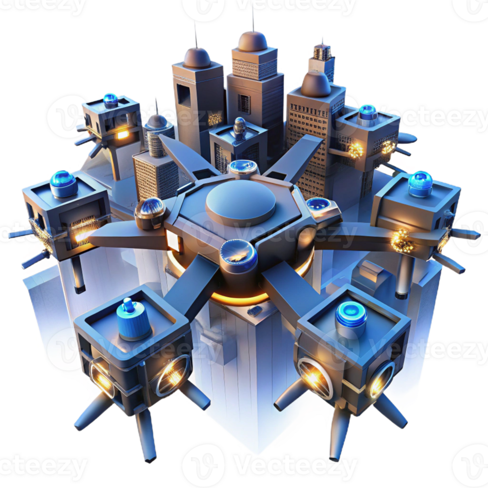 elegant abstract A swarm of autonomous drones forming a complex, evolving geometric pattern in the sky, illuminated by the warm glow of city lights below. Futuristic style, aerial photography 4K png