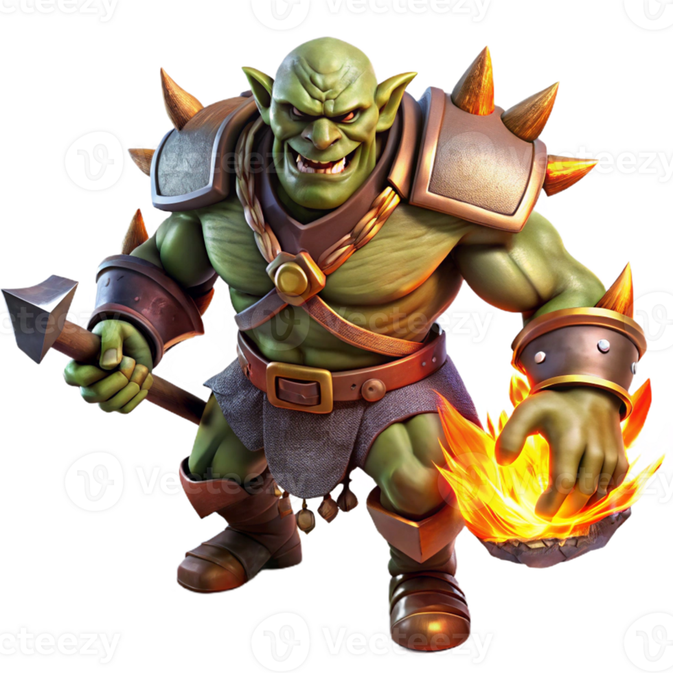 stunning artistic A fierce orc warrior with heavy armor and a menacing axe, charging into battle, illuminated by the fiery glow of a burning village. Dark fantasy style high quality png