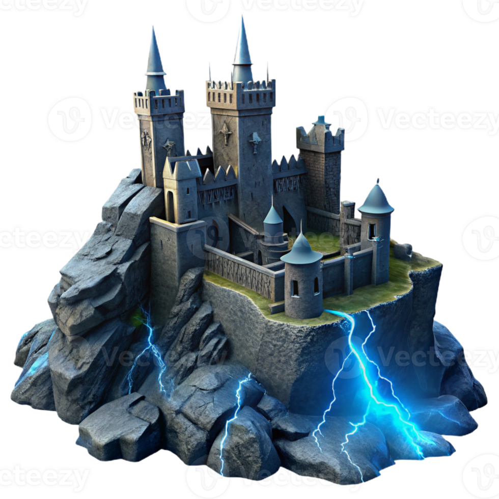 serene traditional An imposing medieval castle built on a rocky precipice, lit by dramatic lightning strikes, dark fantasy art style authentic png