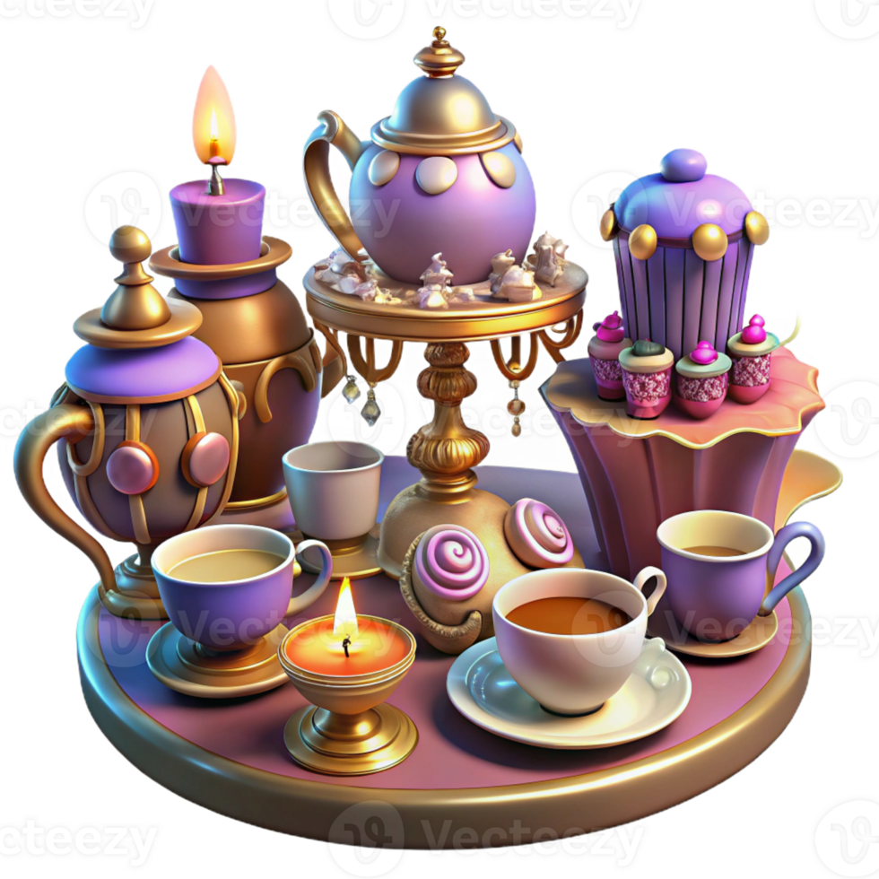 elegant creative A whimsical steampunk tea party with ornate teacups, clockwork pastries, and guests in elaborate attire, lit by soft candlelight in a fantasy art style original png