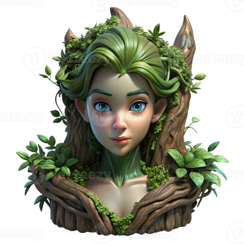 beautiful abstract A beautiful dryad emerging from a tree trunk, covered in moss and vines, lit by dappled sunlight, in a surreal style exclusive png