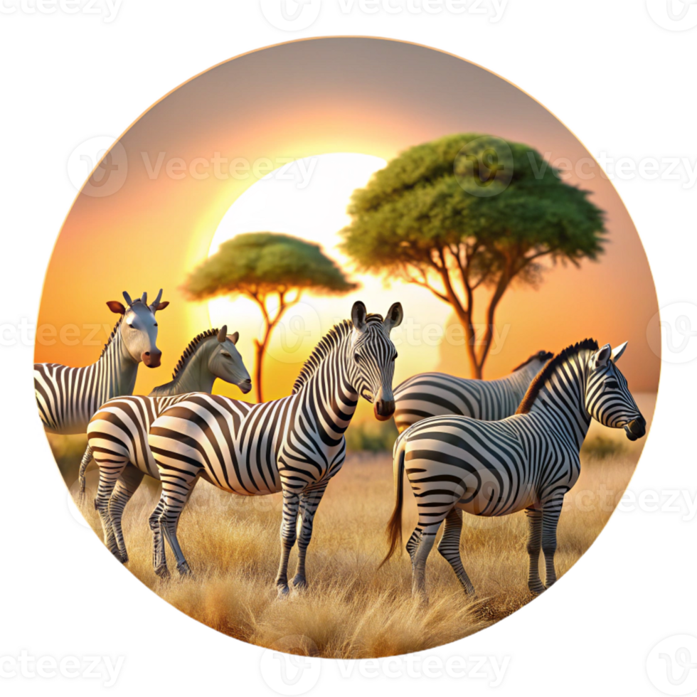 wonderful creative A herd of zebras grazing on the African savanna, golden sunset lighting, realistic photography style premium png