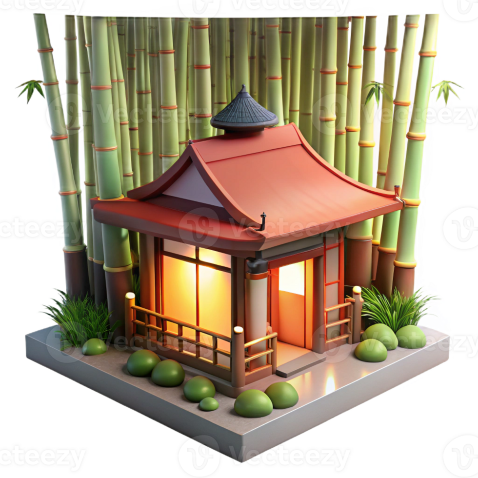serene creative A traditional Japanese tea house nestled in a serene bamboo forest, lit by soft, diffused sunlight, ukiyo-e style high quality png