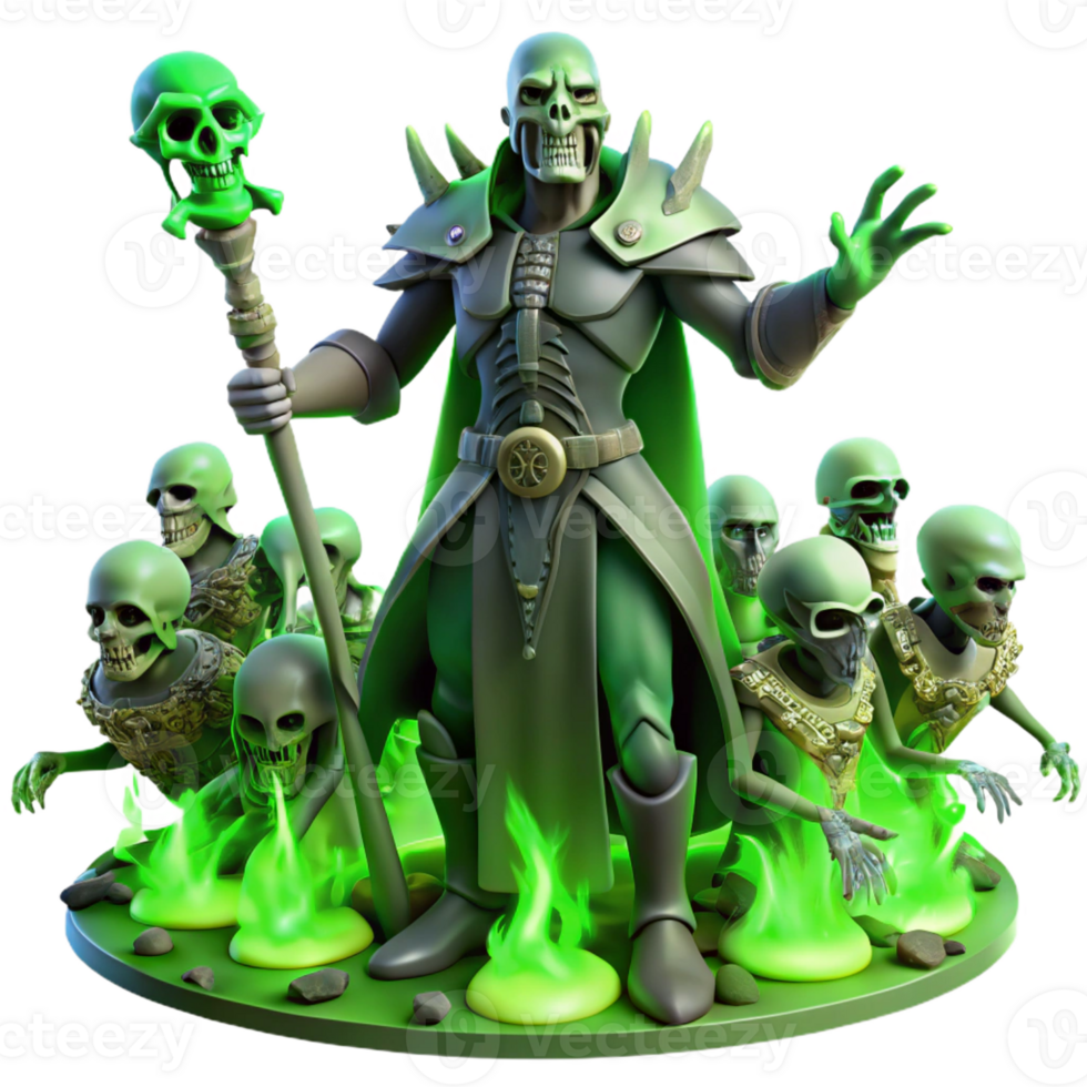 extraordinary creative A powerful necromancer raising an army of skeletal warriors from the earth, bathed in the sickly green light of a necromantic ritual. Depicted in a grim, realistic style 4K png