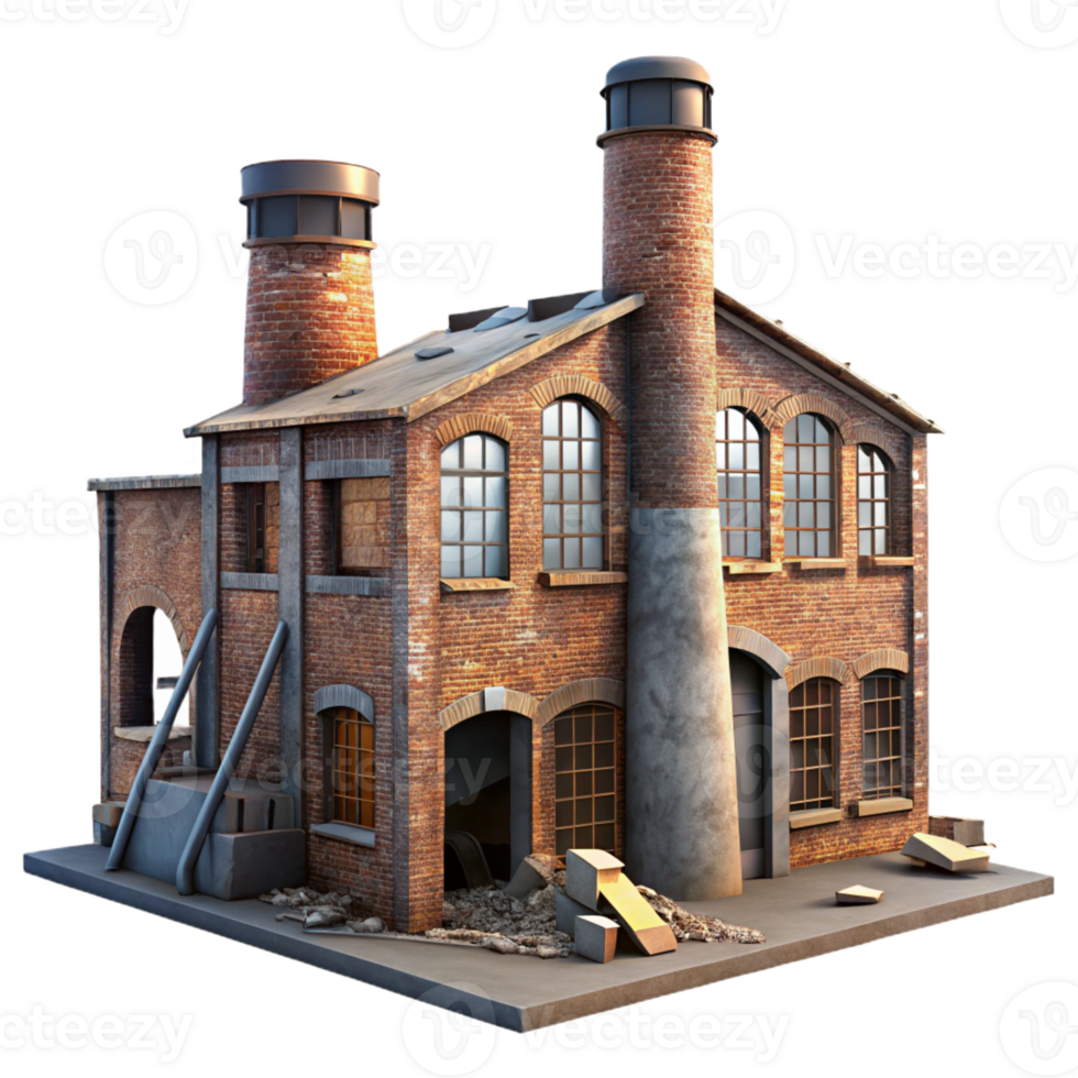 extraordinary classic Abandoned factory, decaying brick walls, broken windows, eerie lighting, urban decay style high quality png