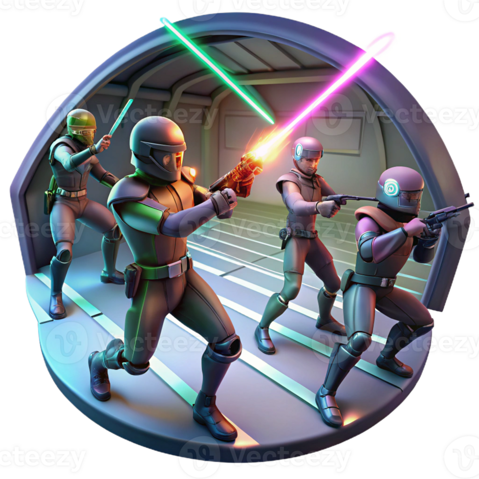 wonderful artistic A group of space pirates fighting with laser swords in the zero-gravity environment of a derelict spaceship, illuminated by flashing emergency lights. Space opera style authentic png
