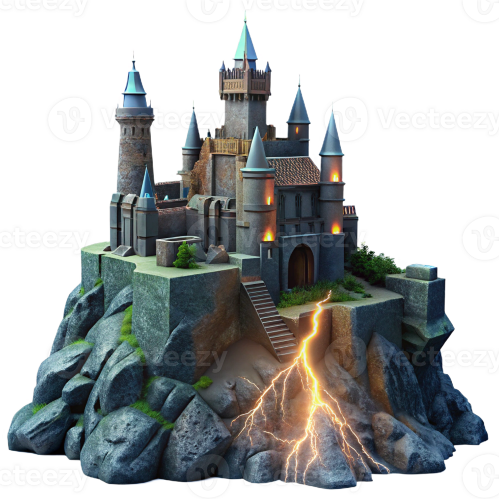 magnificent minimalist An imposing medieval castle built on a rocky precipice, lit by dramatic lightning strikes, dark fantasy art style exclusive png