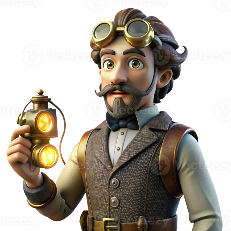 wonderful creative A portrait of a steampunk inventor in a velvet waistcoat and goggles, holding a complex device with glowing wires, lit by a flickering candlelight genuine png