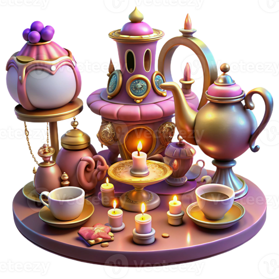 extraordinary classic A whimsical steampunk tea party with ornate teacups, clockwork pastries, and guests in elaborate attire, lit by soft candlelight in a fantasy art style high quality png