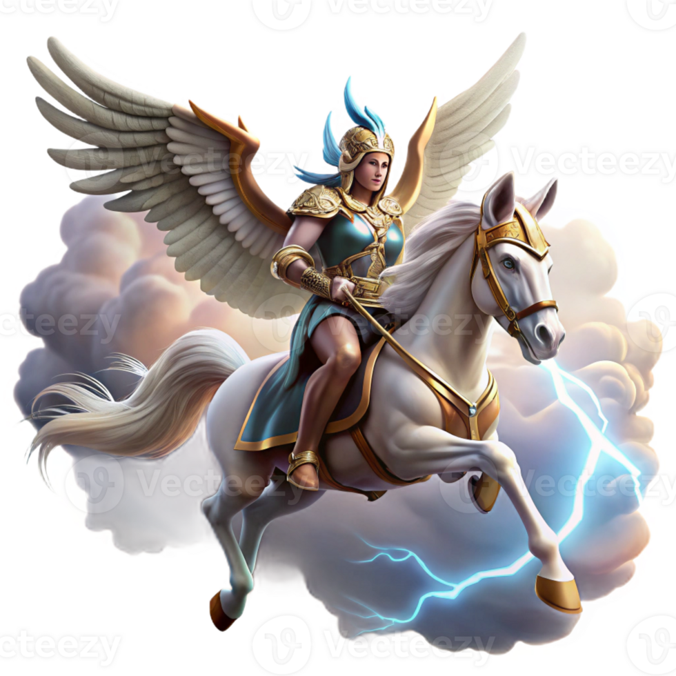 dramatic creative A noble Valkyrie riding a winged horse through a stormy sky, carrying a fallen warrior to Valhalla. Norse mythology style. Dramatic, lightning-streaked sky authentic png