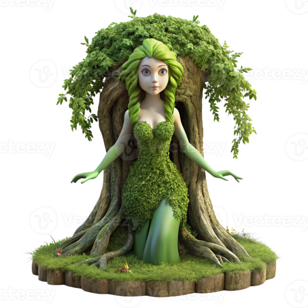 wonderful creative A beautiful dryad emerging from a tree trunk, covered in moss and vines, lit by dappled sunlight, in a surreal style genuine png