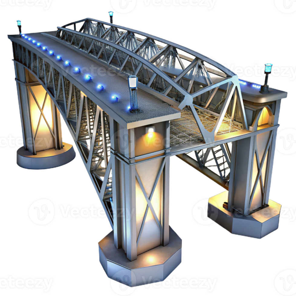 vibrant contemporary High-tech architecture bridge, exposed steel structure, intricate engineering, dramatic nighttime lighting, highly detailed, High-tech style 4K png