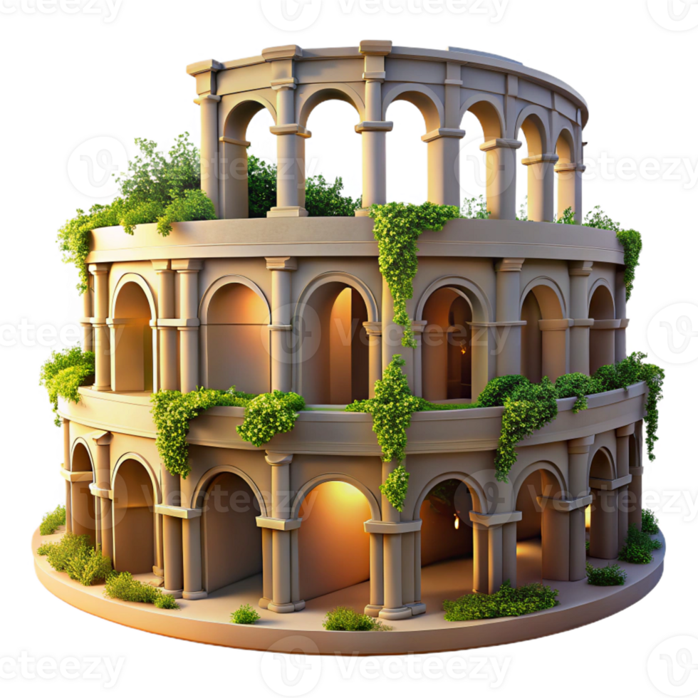 beautiful artistic A crumbling ancient Roman amphitheater overgrown with vines, lit by the soft light of dawn, photorealistic style authentic png