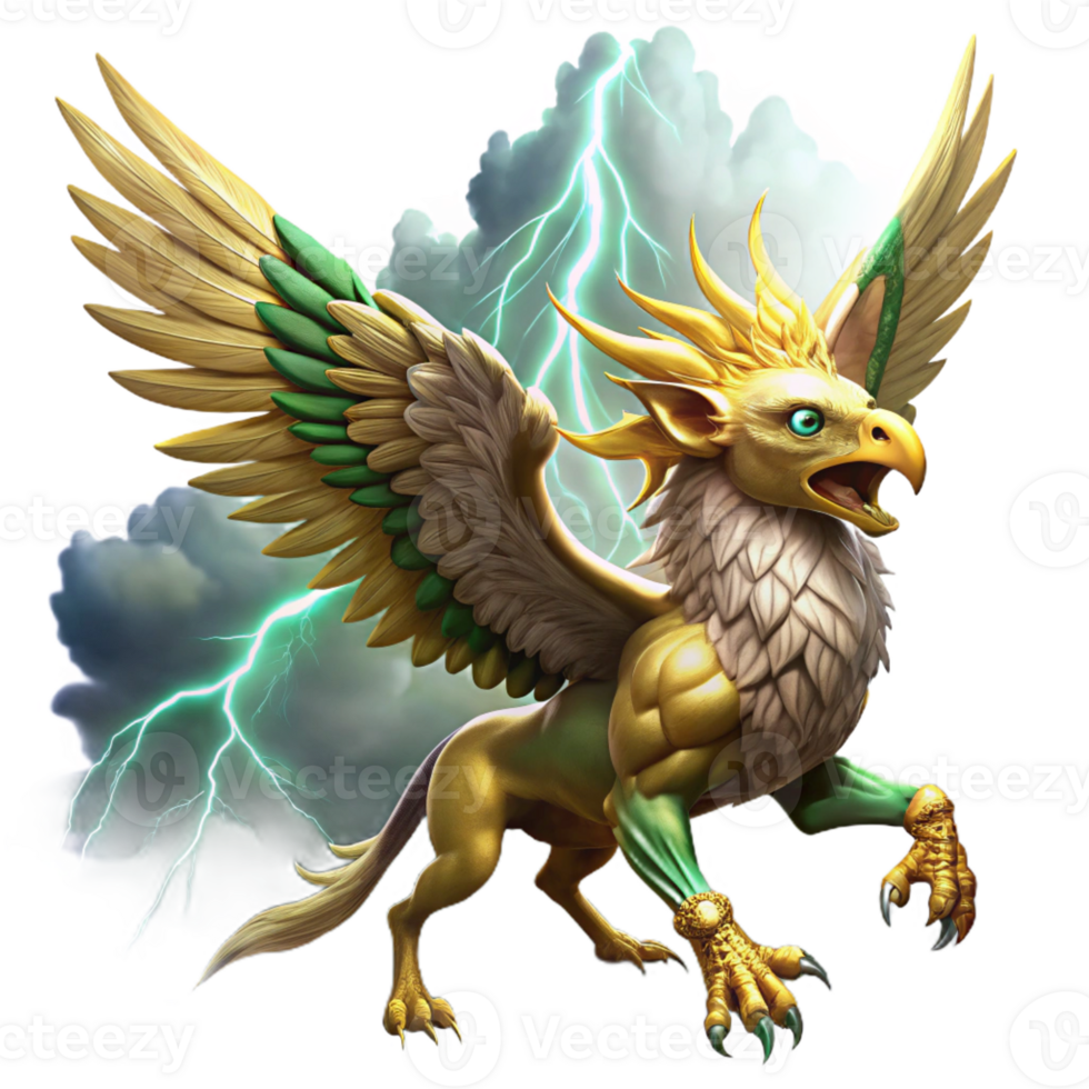 dramatic abstract A majestic griffin with golden feathers and piercing emerald eyes, soaring through a storm-ridden sky, illuminated by flashes of lightning. Dramatic, realistic style premium png