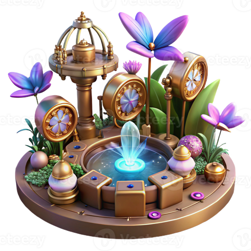 serene classic A vibrant steampunk garden with metallic flowers, clockwork butterflies, and glowing fountains, lit by a warm, inviting light in a fairytale style premium png