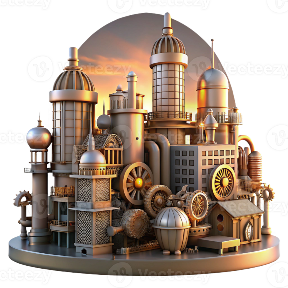 impressive modern A steampunk cityscape, towering clockwork buildings, intricate pipes and gears, sunset lighting, futuristic and dystopian premium png