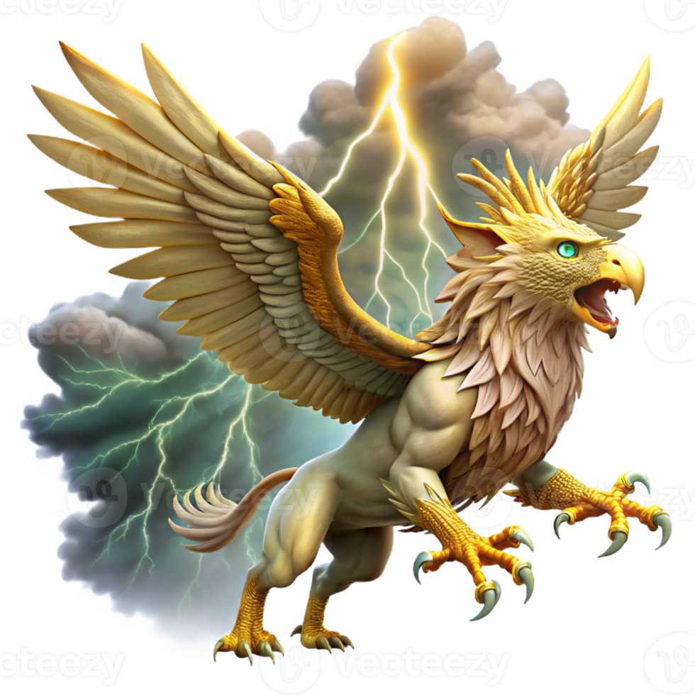 vibrant artistic A majestic griffin with golden feathers and piercing emerald eyes, soaring through a storm-ridden sky, illuminated by flashes of lightning. Dramatic, realistic style exclusive png