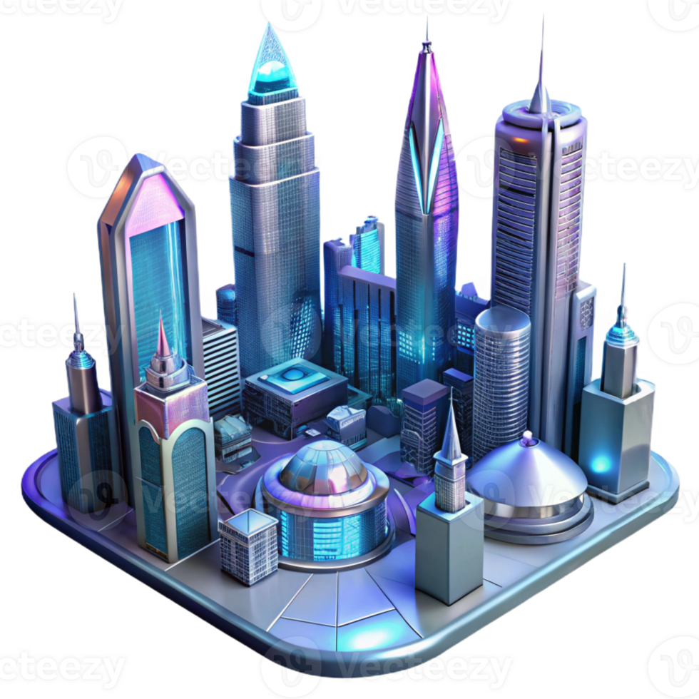 dramatic abstract Futuristic cityscape, sleek metallic towers, flying vehicles, neon lights reflecting on polished surfaces, cyberpunk art style high quality png