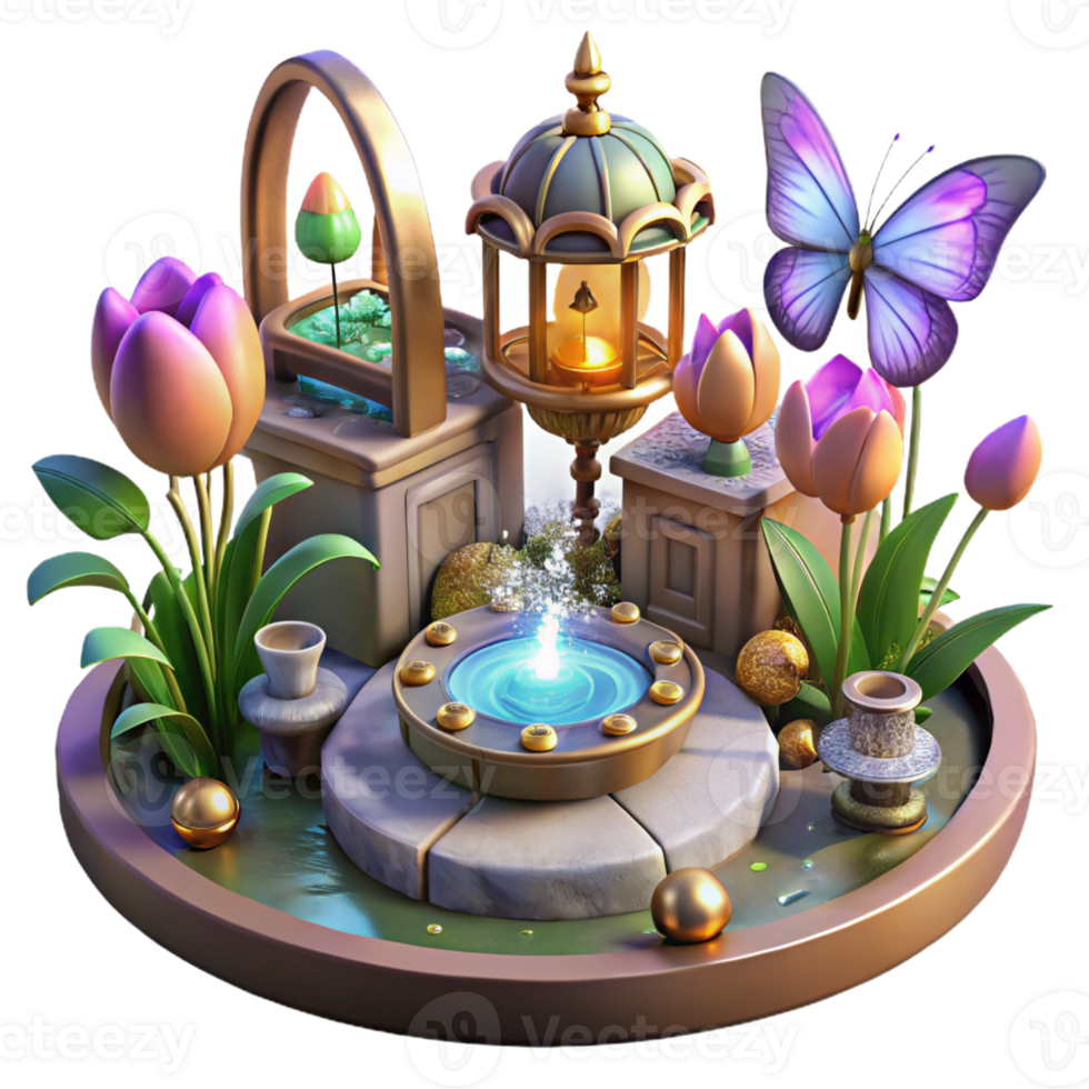 stunning modern A vibrant steampunk garden with metallic flowers, clockwork butterflies, and glowing fountains, lit by a warm, inviting light in a fairytale style premium png