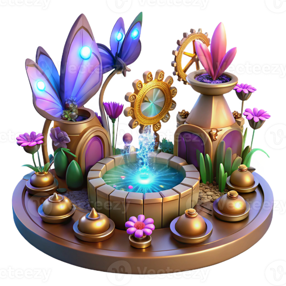 elegant contemporary A vibrant steampunk garden with metallic flowers, clockwork butterflies, and glowing fountains, lit by a warm, inviting light in a fairytale style original png
