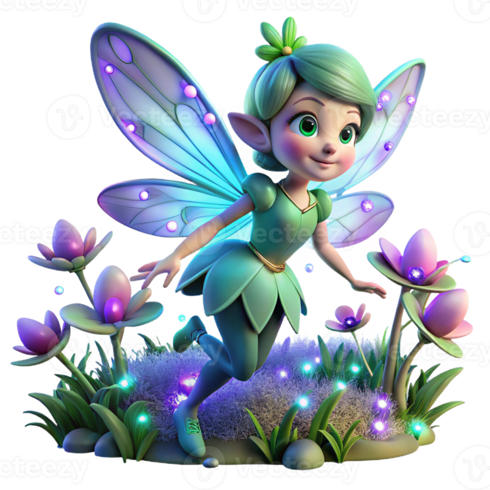 serene traditional A playful pixie with iridescent wings, flitting through a field of bioluminescent flowers. Magical, glowing lighting. Fantasy art style 4K png