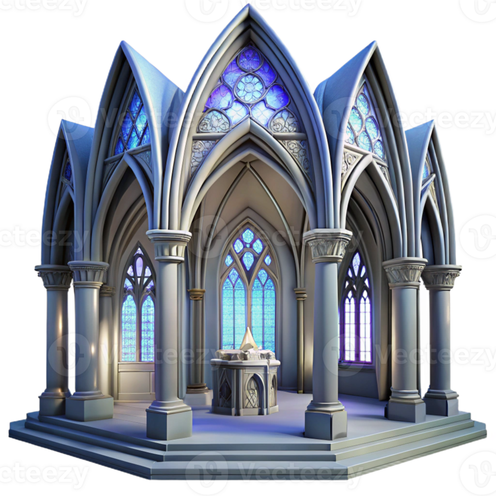 impressive rustic Gothic cathedral interior, stained glass windows illuminated by ethereal light, intricate stone carvings, detailed textures, hyperrealistic style original png