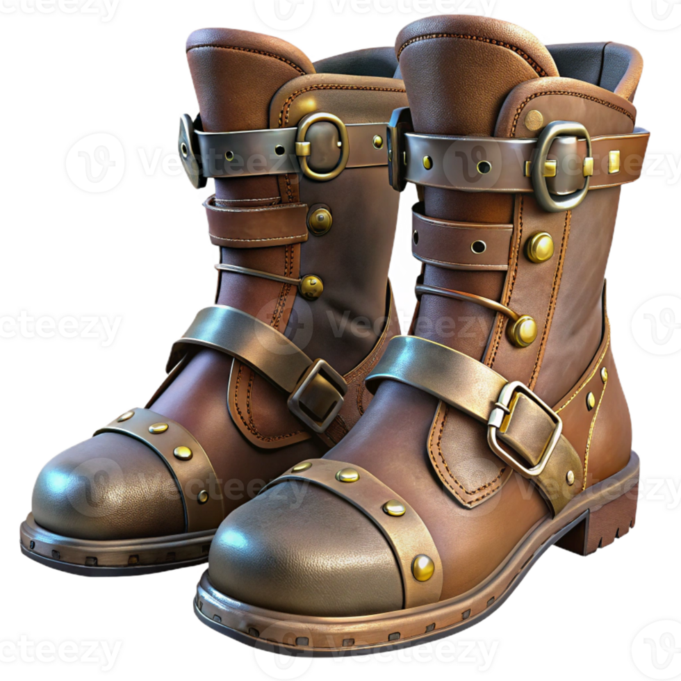 impressive rustic Steampunk boots, leather and steel, intricate buckles and straps, rugged and worn appearance, dimly lit exclusive png