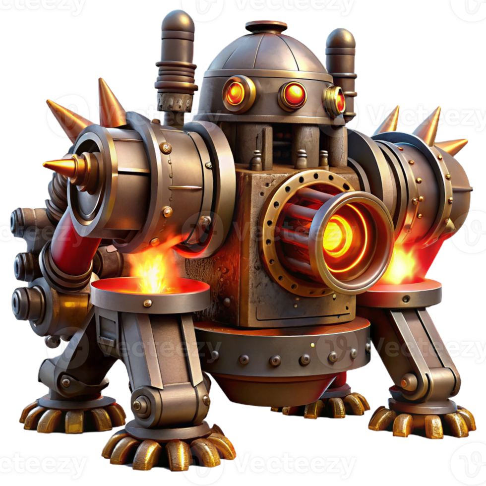 extraordinary minimalist A menacing steampunk war machine with rotating blades, steam cannons, and riveted armor, lit by a fiery red light in a dark fantasy style high resolution png