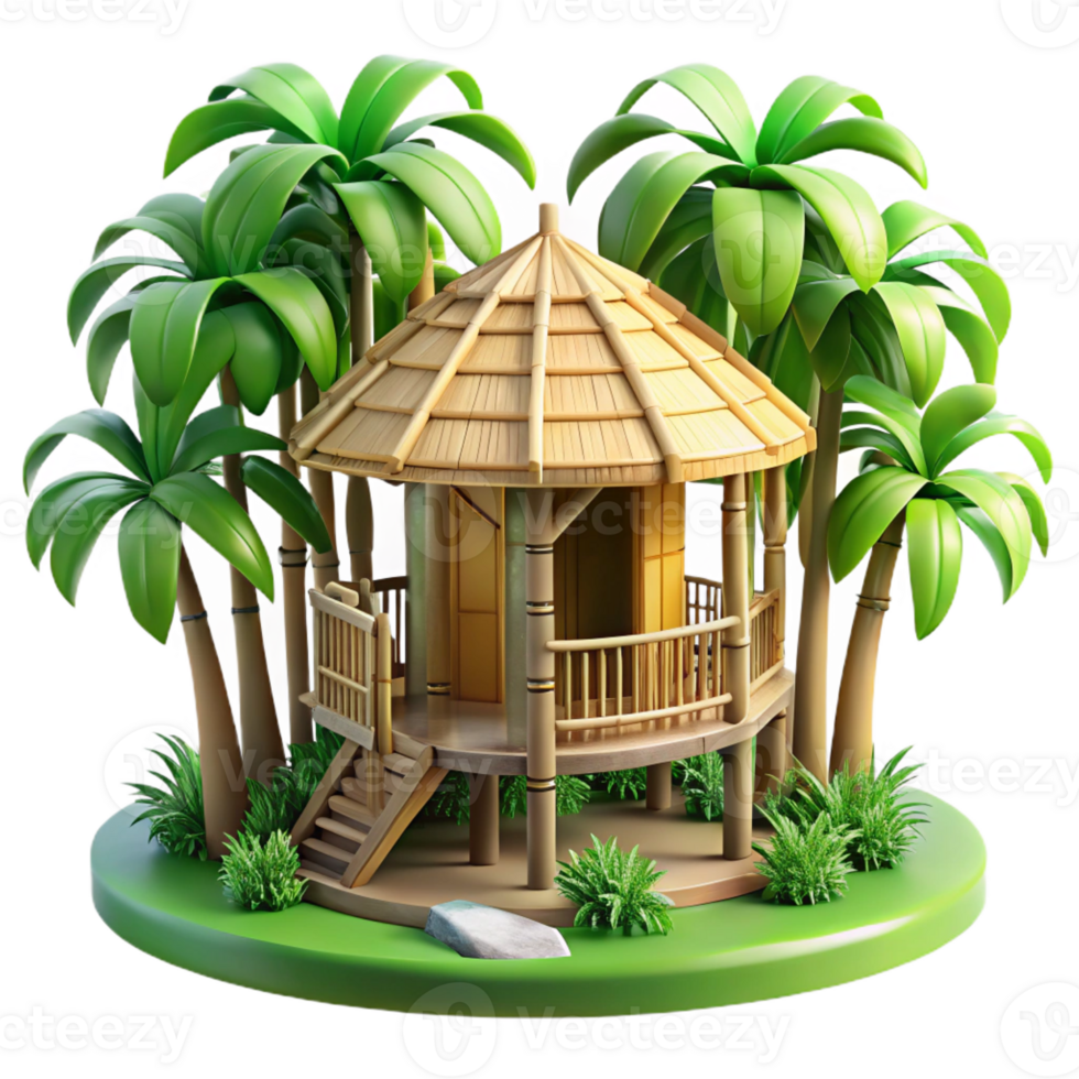 extraordinary minimalist Bamboo house in a tropical rainforest, elevated structure, natural materials, lush green surroundings, eco-tourism architectural style premium png
