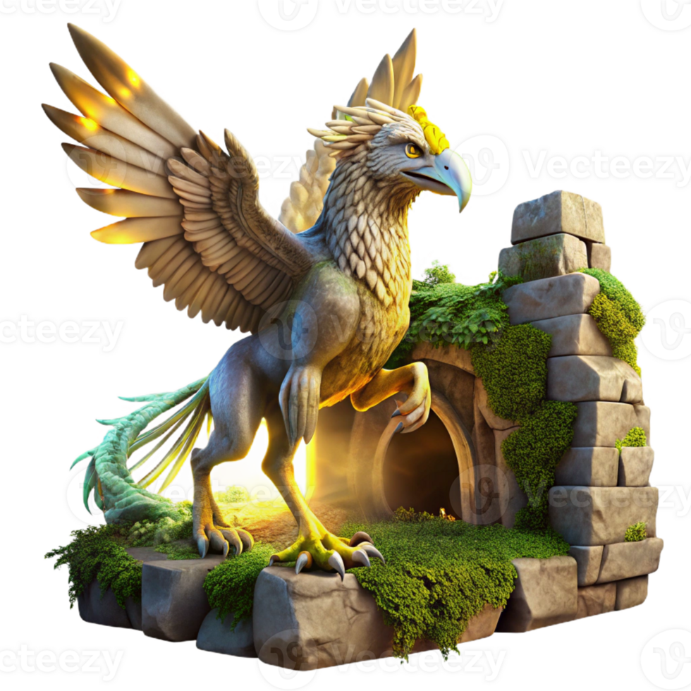 wonderful abstract A majestic griffin with iridescent feathers taking flight from a crumbling, moss-covered ruin, bathed in golden sunlight, digital painting style detailed png