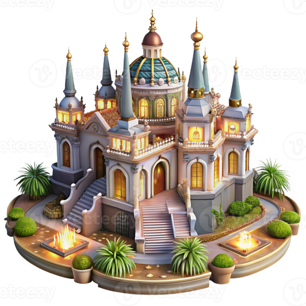 beautiful creative An ornate Baroque palace with elaborate gardens, illuminated by fireworks and celebratory lights, festive painting style premium png