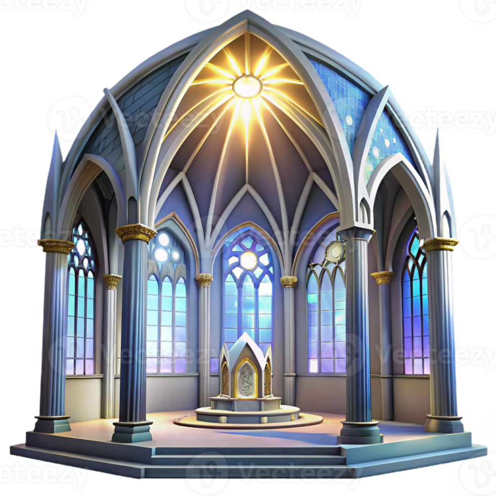 elegant rustic Gothic cathedral interior, stained glass windows depicting celestial scenes, ethereal light beams, highly detailed, Gothic style authentic png