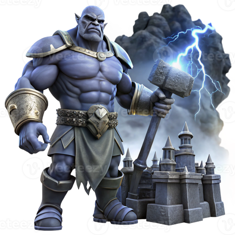 elegant artistic A powerful giant wielding a massive club, standing amidst a ruined city, illuminated by a stormy sky, in a dark fantasy style high quality png