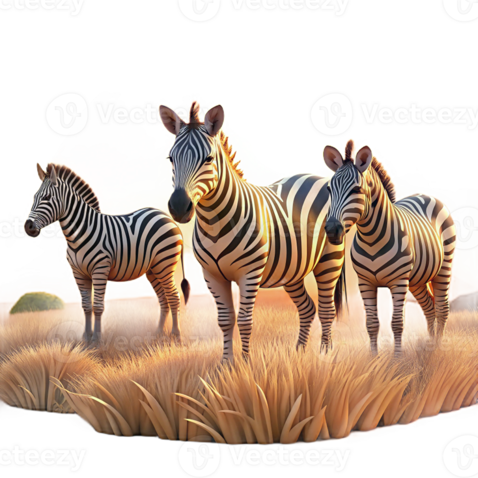serene minimalist A group of zebras grazing on the African savanna, bathed in the warm light of late afternoon, in a photorealistic style premium png