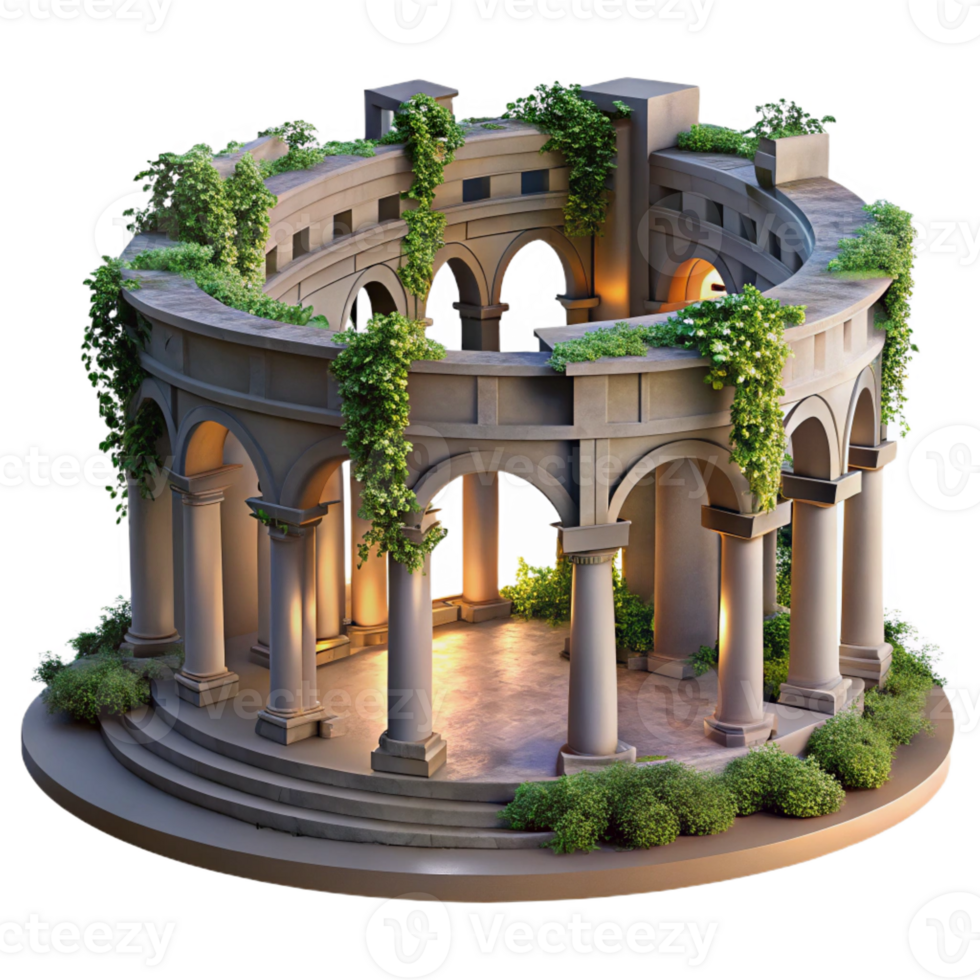 beautiful abstract A crumbling ancient Roman amphitheater overgrown with vines, lit by the soft light of dawn, photorealistic style authentic png