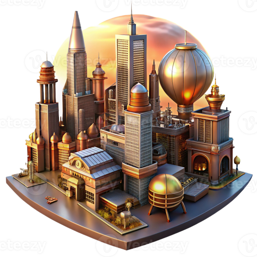 serene traditional A steampunk cityscape with towering buildings of brass and glass, intricate walkways and airships, lit by a vibrant sunset high quality png