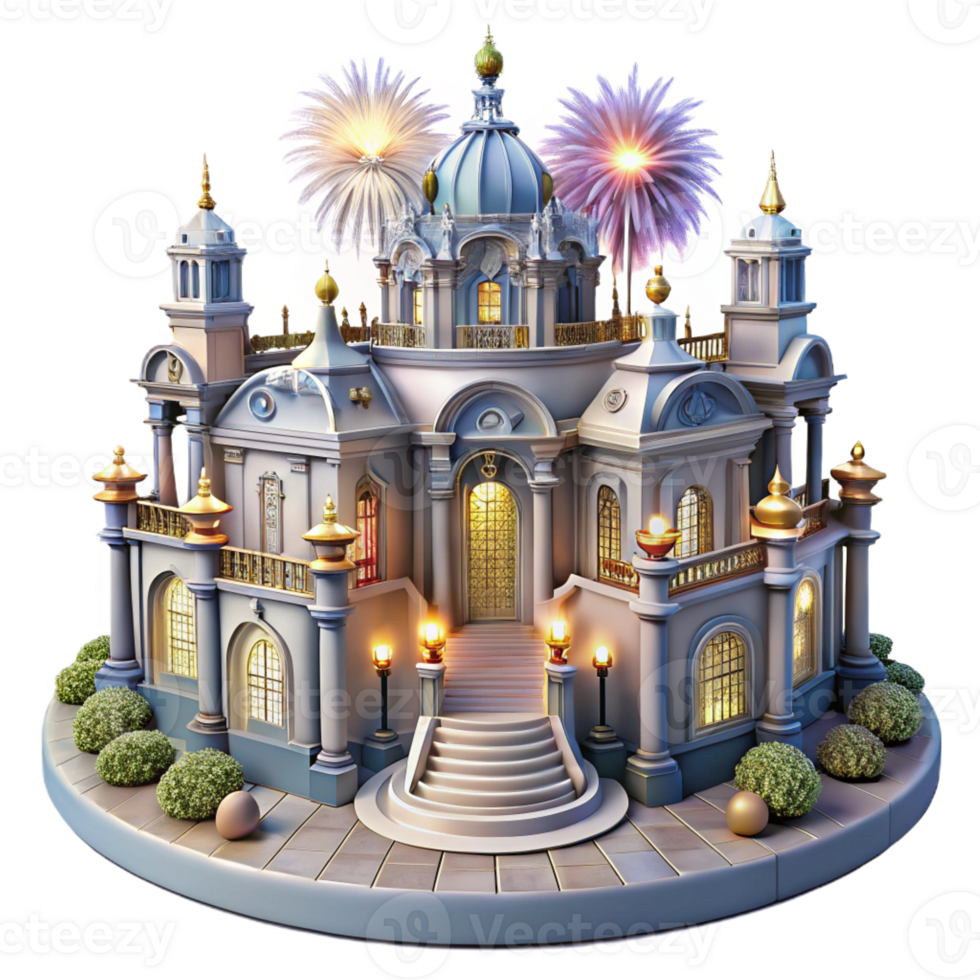 dramatic artistic An ornate Baroque palace with elaborate gardens, illuminated by fireworks and celebratory lights, festive painting style high resolution png