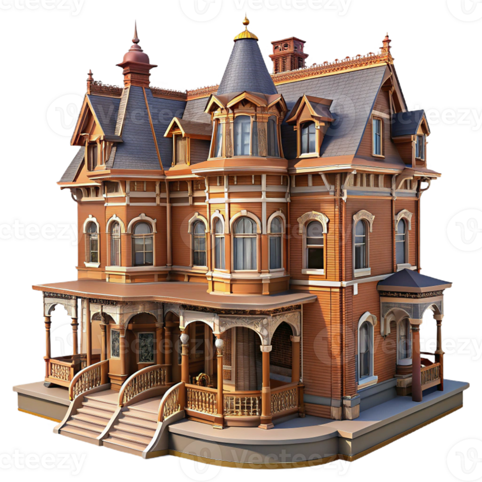 dramatic modern Victorian townhouse, ornate brick facade, wrought iron balconies, overcast daylight, highly detailed, Victorian style high resolution png