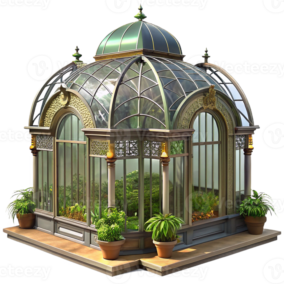 impressive rustic Victorian greenhouse, ornate iron and glass structure, lush plants, warm sunlight, Victorian architecture professional png