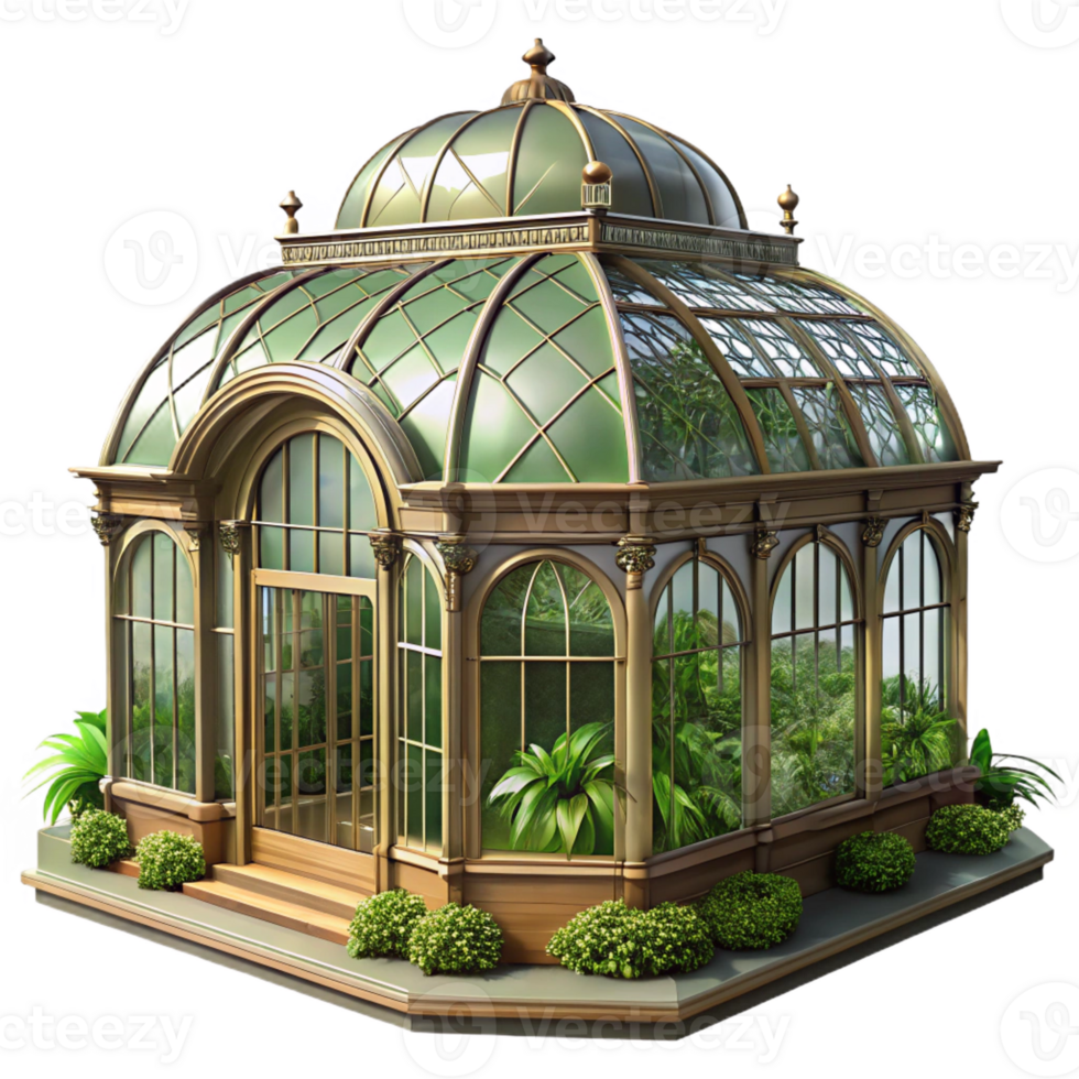 wonderful traditional Victorian greenhouse, ornate iron and glass structure, lush plants, warm sunlight, Victorian architecture detailed png