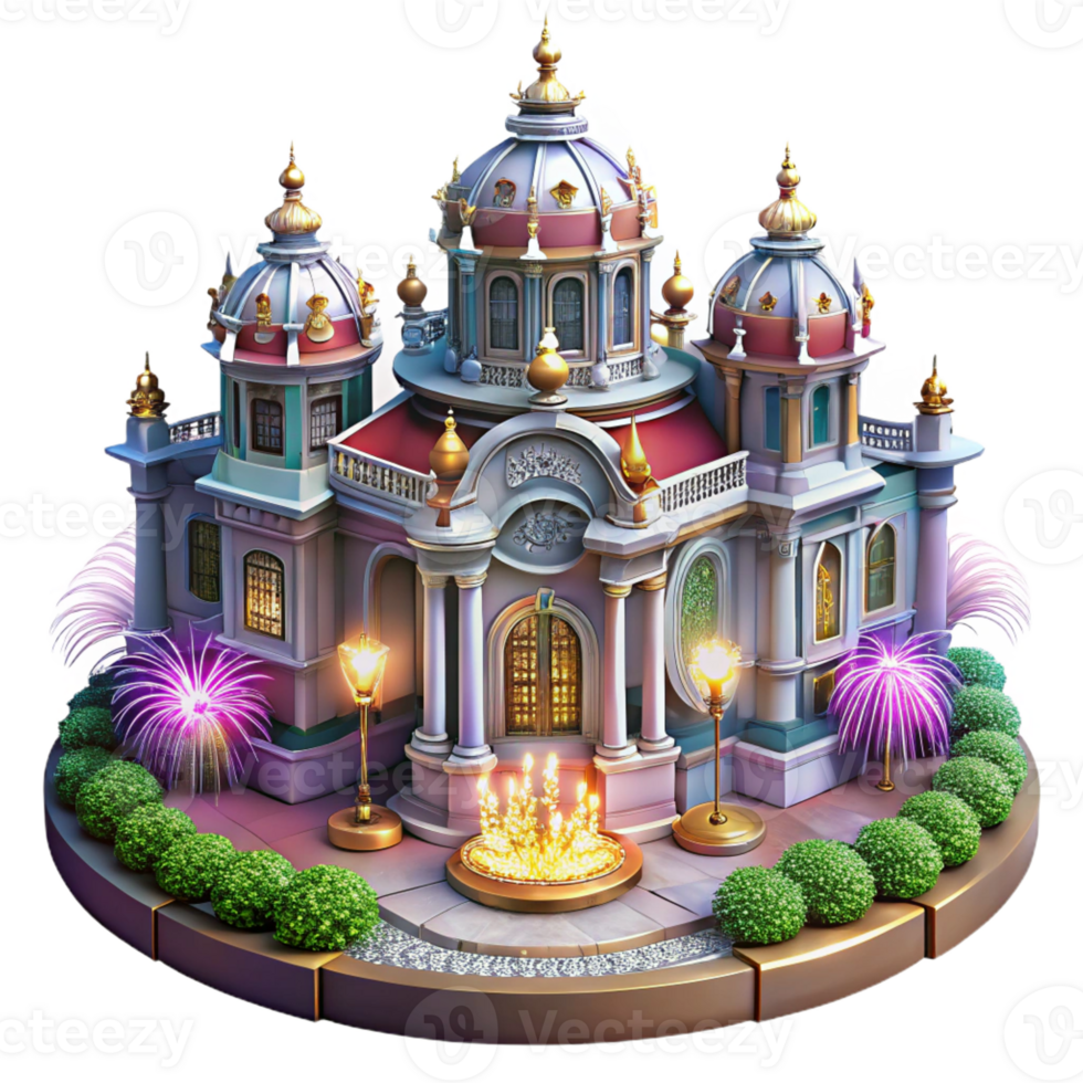 impressive artistic An ornate Baroque palace with elaborate gardens, illuminated by fireworks and celebratory lights, festive painting style detailed png