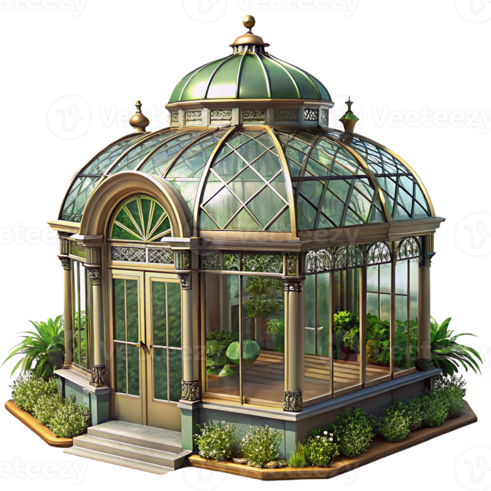 serene vintage Victorian greenhouse, ornate iron and glass structure, lush plants, warm sunlight, Victorian architecture genuine png