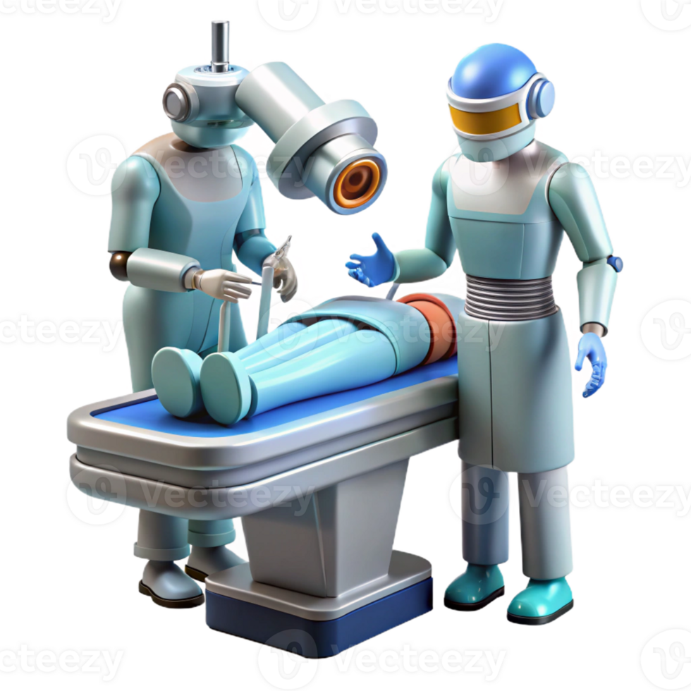 A robotic surgeon performs a complex operation on a cyborg patient in a futuristic operating room. Medical sci-fi style, sterile lighting, detailed medical equipment png