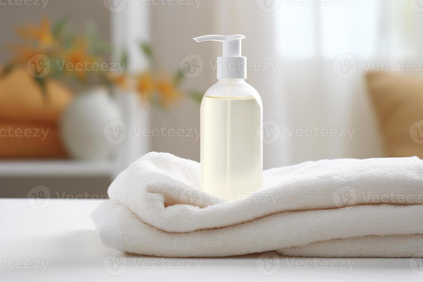 A bottle of oil sits on top of a towel photo